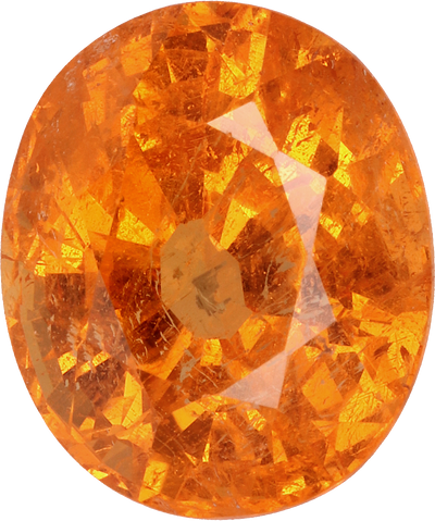 Oval cut spessartite garnet, 9.37 by 7.88 mm, shown at actual size