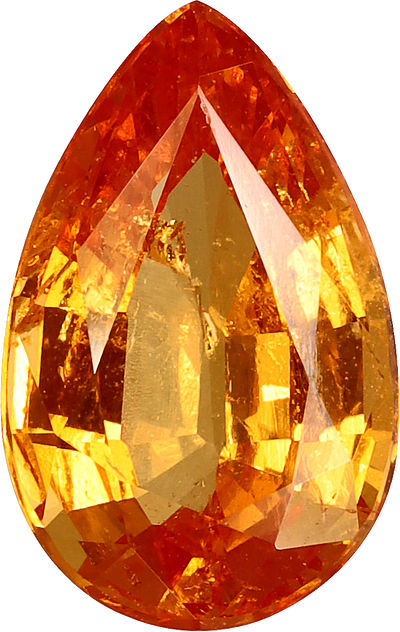 Pear cut spessartite garnet, 9.8 by 6.24 mm, shown at actual size