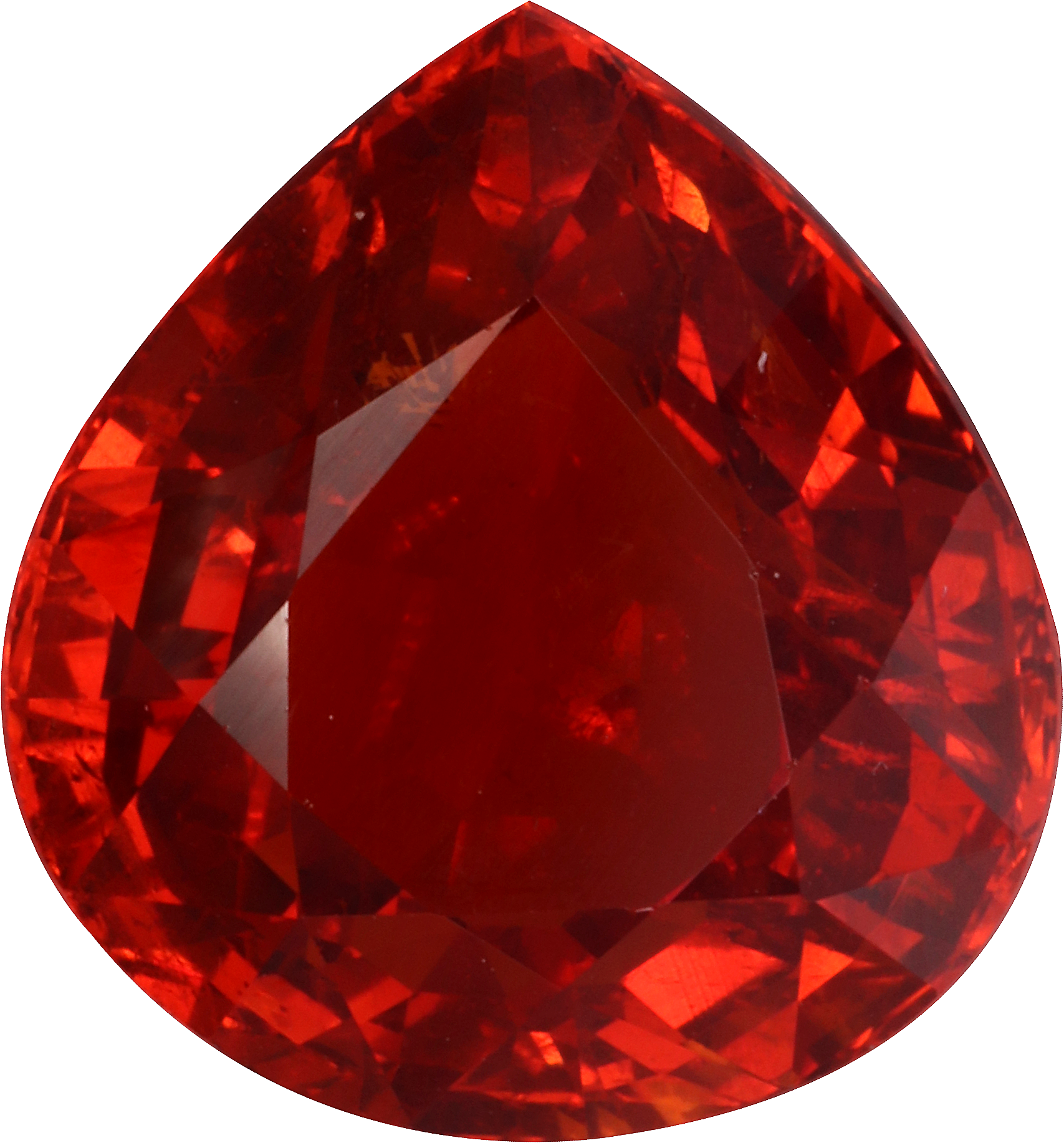 Pear cut spessartite garnet, 13.31 by 12.38 mm, shown at actual size