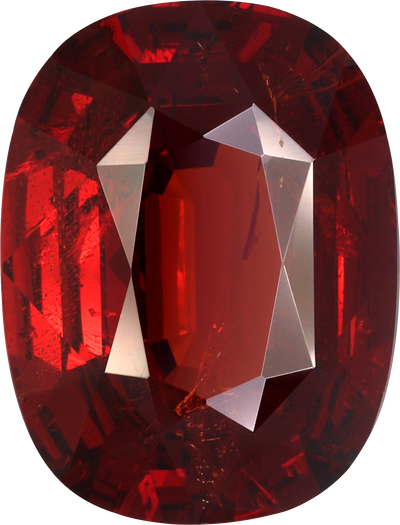 Cushion cut spessartite garnet, 17.1 by 13 mm, shown at actual size