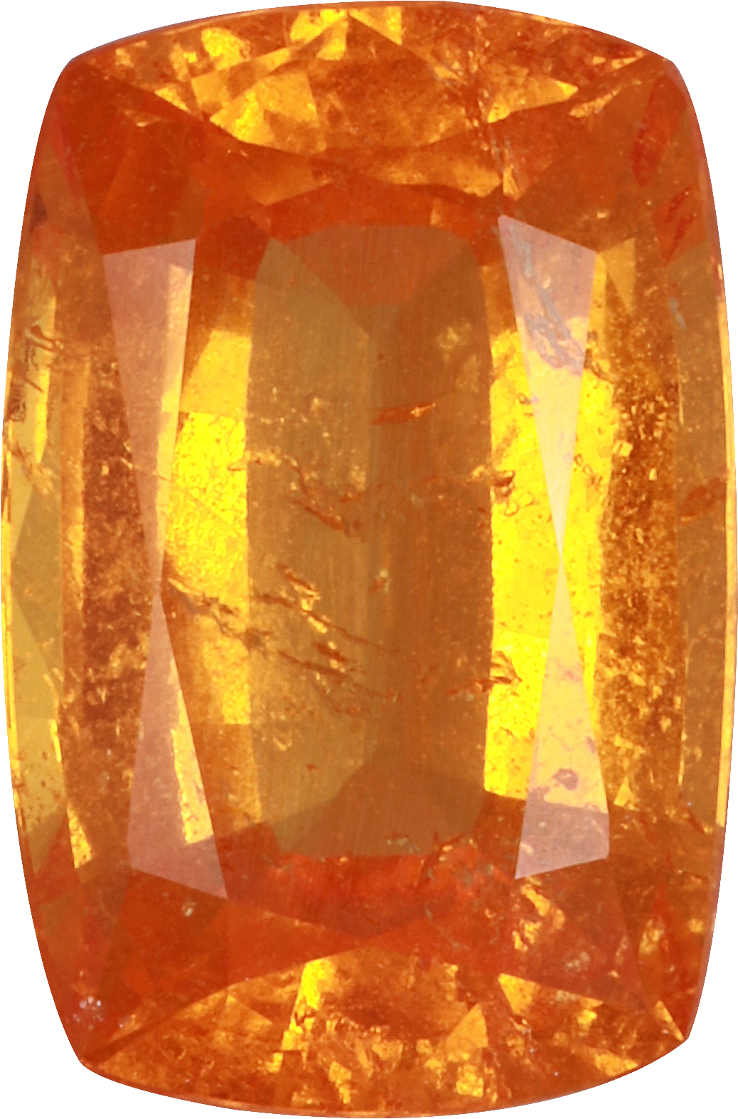 Cushion cut spessartite garnet, 12.3 by 8.1 mm, shown at actual size