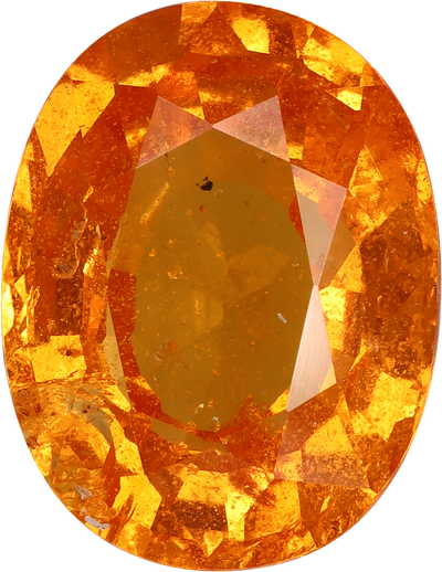 Oval cut spessartite garnet, 12.3 by 9.52 mm, shown at actual size