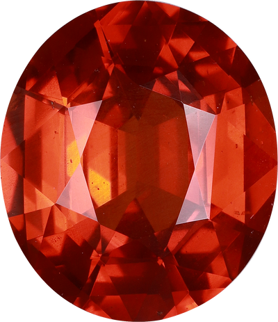 Oval cut spessartite garnet, 14.1 by 12.1 mm, shown at actual size