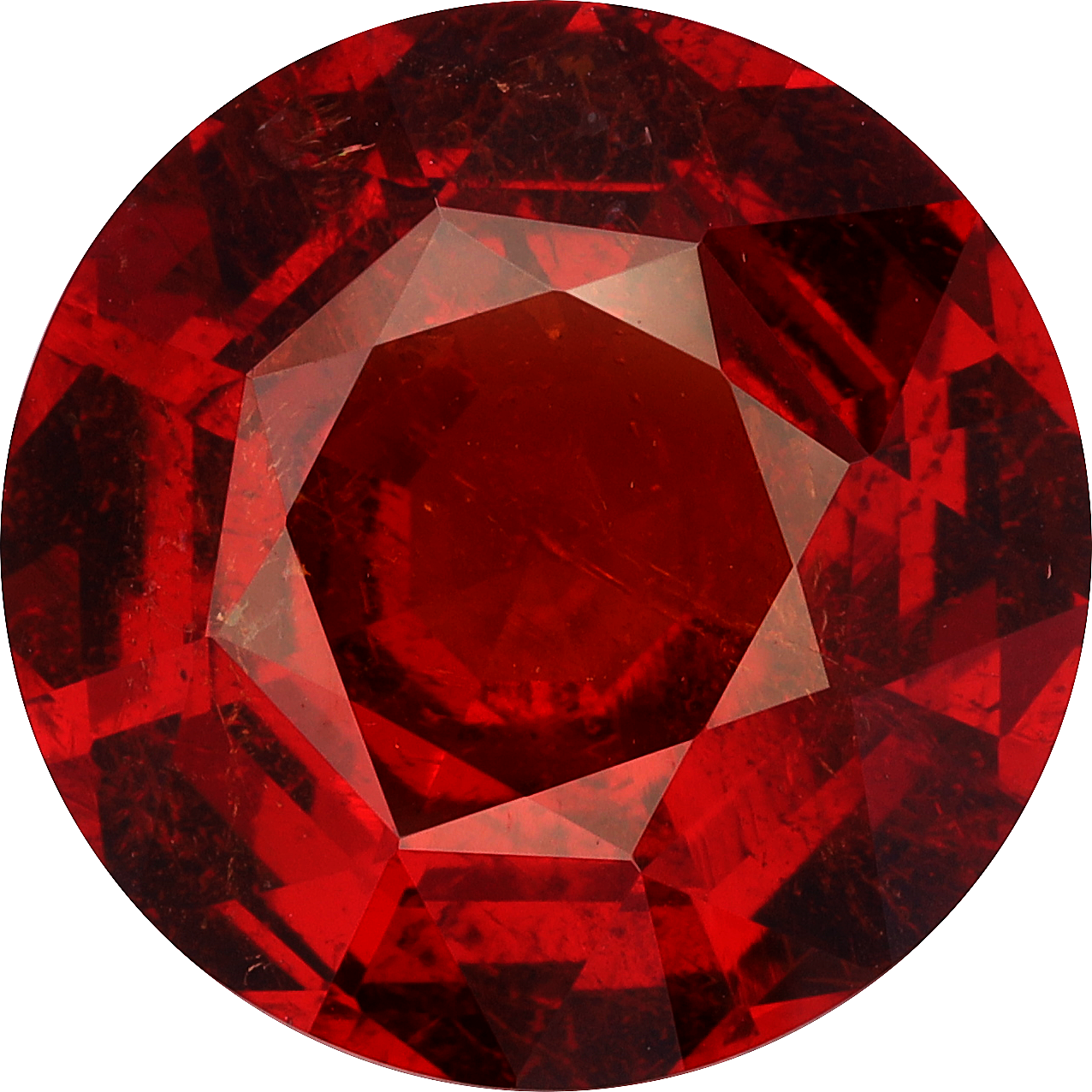Round cut spessartite garnet, 13.14 by 13.13 mm, shown at actual size