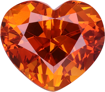 Heart cut spessartite garnet, 9.87 by 8.6 mm, shown at actual size