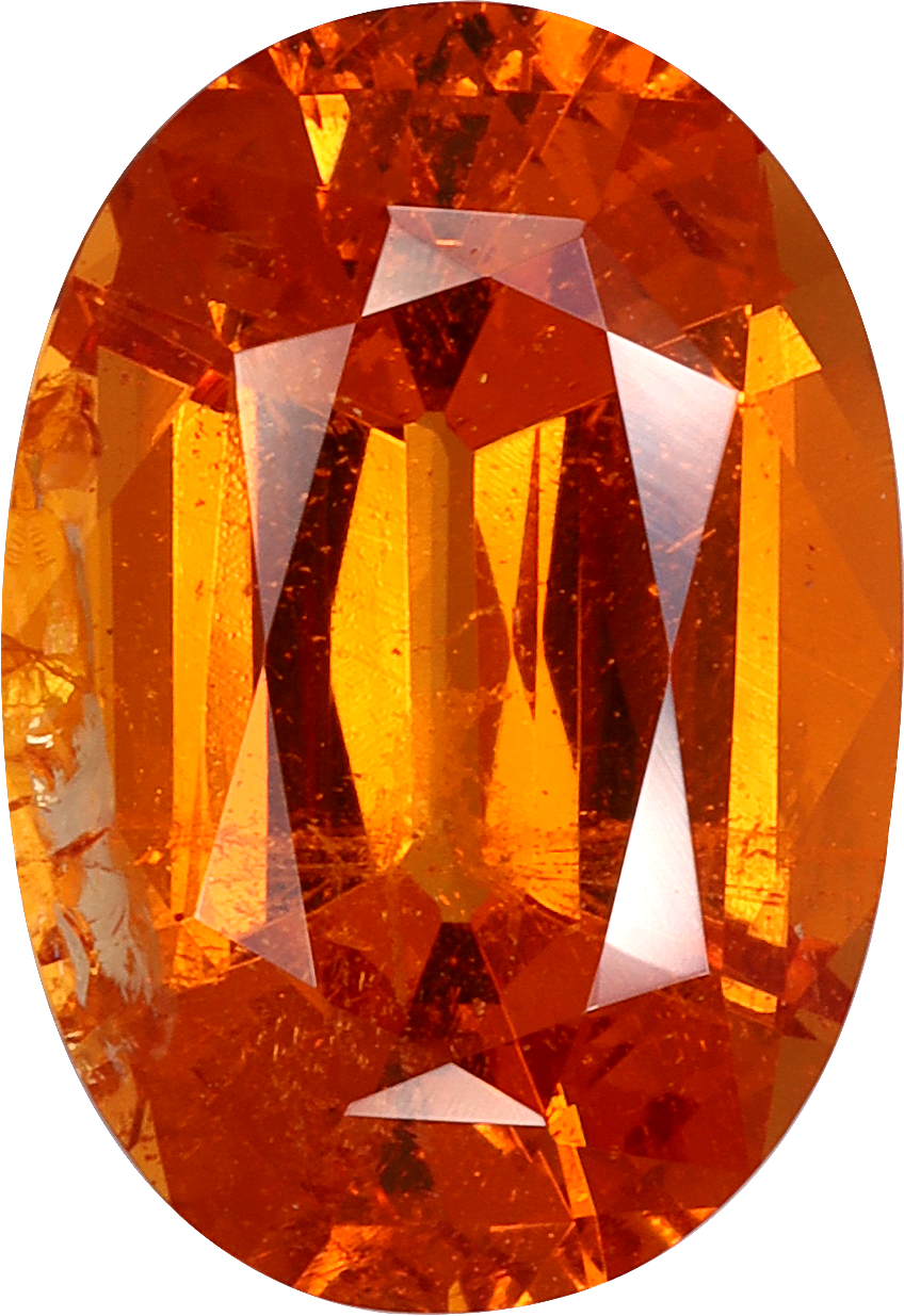 Oval cut spessartite garnet, 12.1 by 8.4 mm, shown at actual size