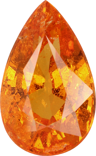 Pear cut spessartite garnet, 10.5 by 6.5 mm, shown at actual size