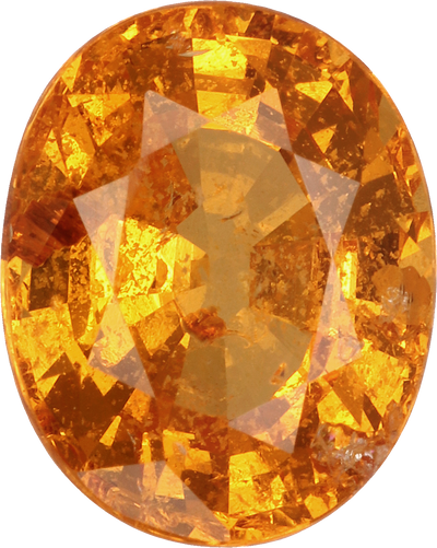Oval cut spessartite garnet, 9.3 by 7.5 mm, shown at actual size