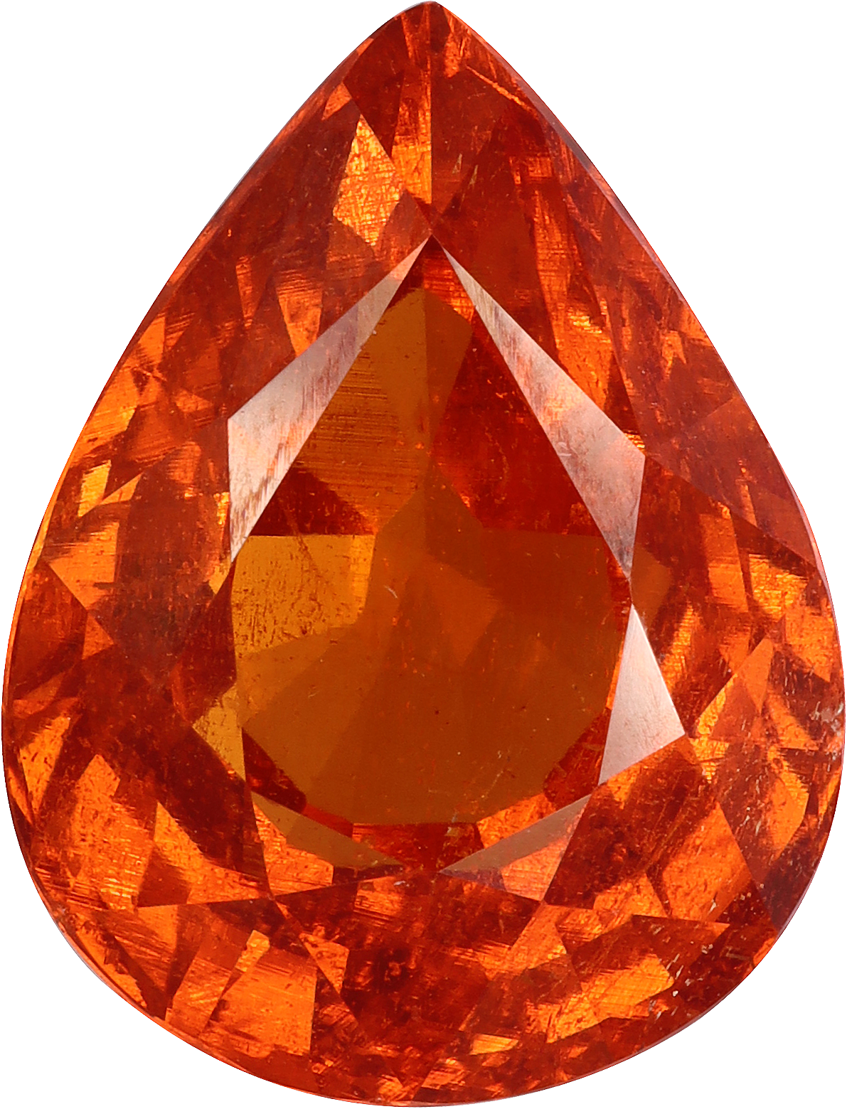 Pear cut spessartite garnet, 13.3 by 10.3 mm, shown at actual size