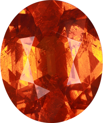Oval cut spessartite garnet, 16.08 by 13.37 mm, shown at actual size