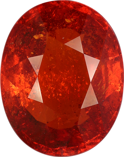 Oval cut spessartite garnet, 22.53 by 17.9 mm, shown at actual size