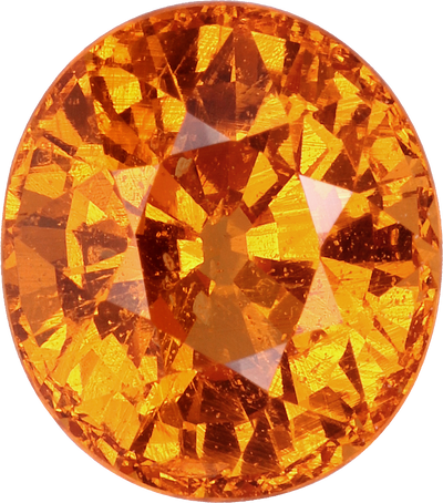 Oval cut spessartite garnet, 8.7 by 7.7 mm, shown at actual size