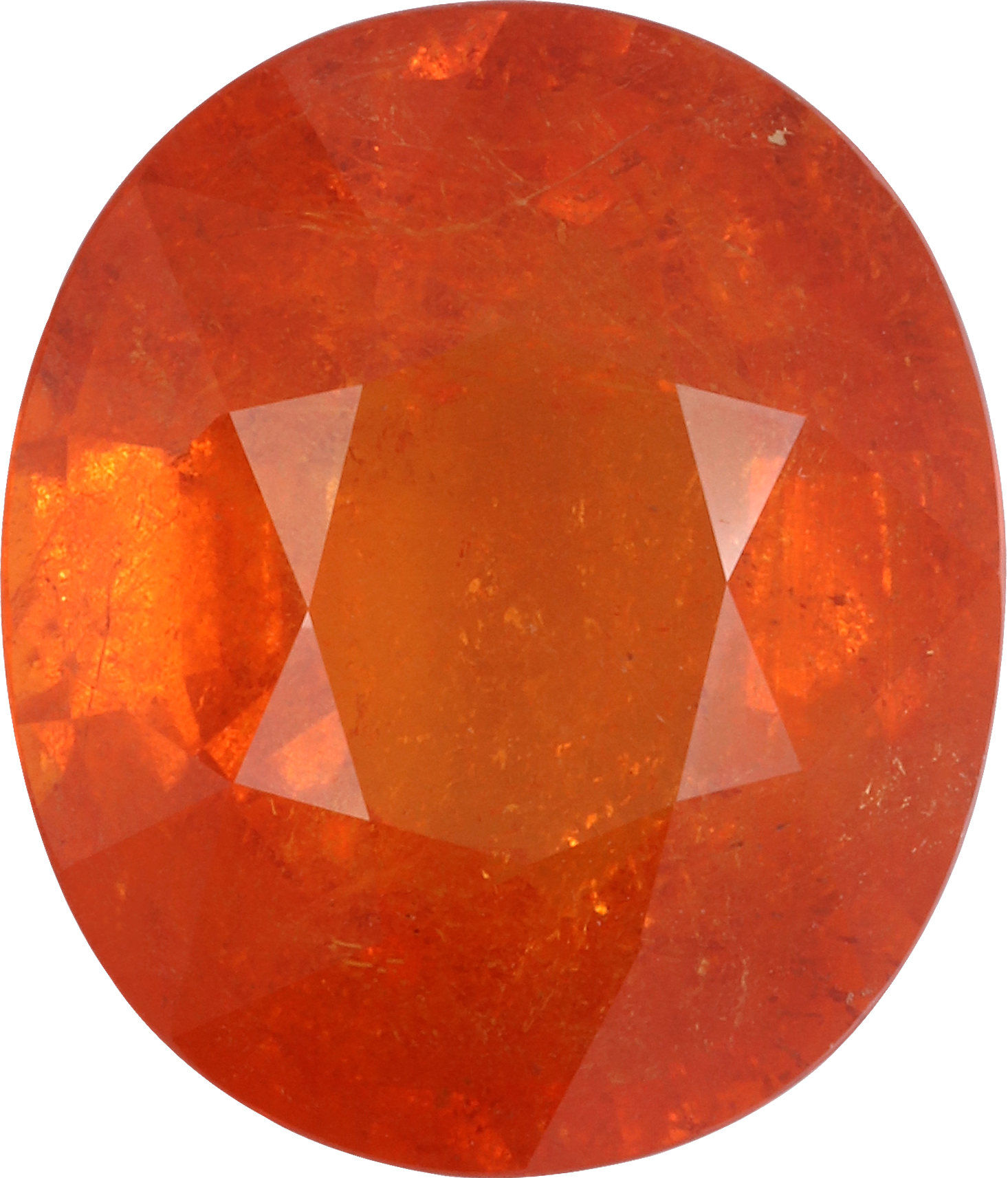 Oval cut spessartite garnet, 15.02 by 12.83 mm, shown at actual size