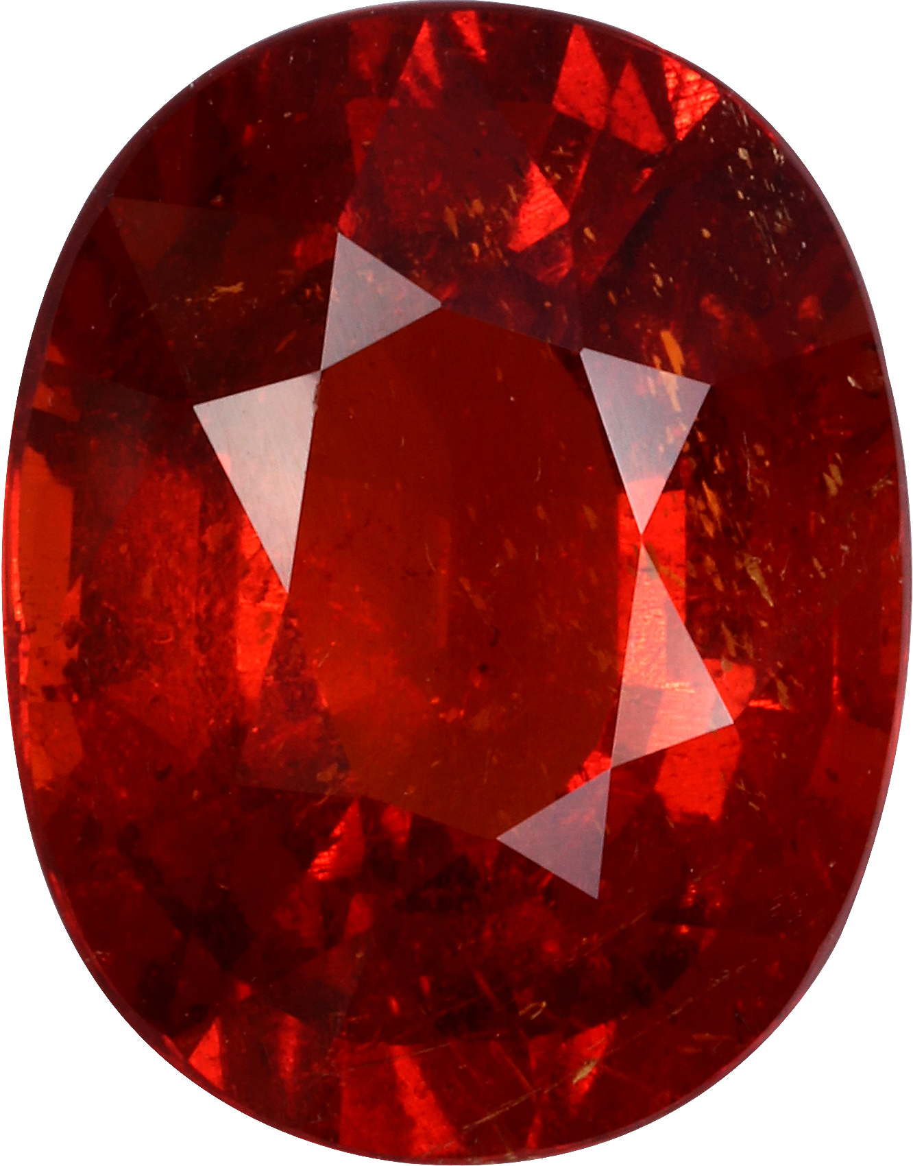 Oval cut spessartite garnet, 14.2 by 11.1 mm, shown at actual size