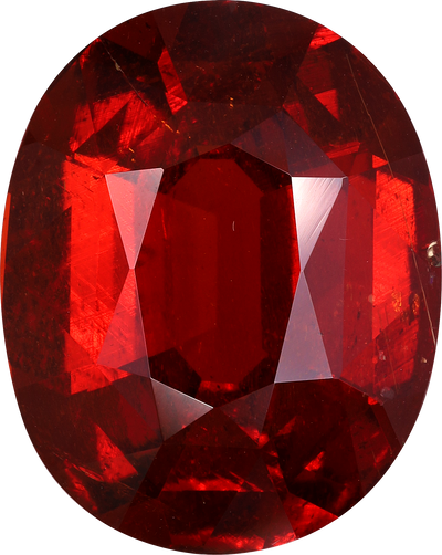 Oval cut spessartite garnet, 18.7 by 14.4 mm, shown at actual size