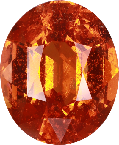 Oval cut spessartite garnet, 11 by 9.1 mm, shown at actual size
