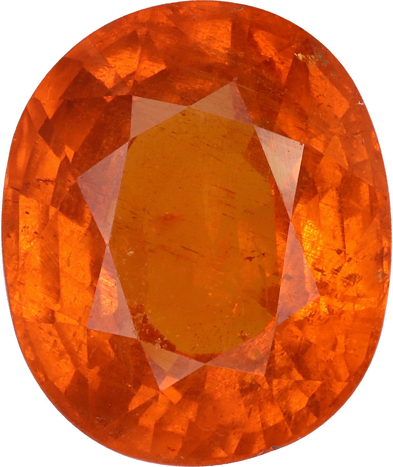 Oval cut spessartite garnet, 14.7 by 12.3 mm, shown at actual size