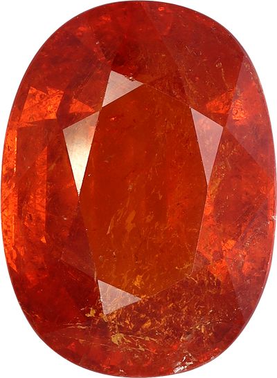 Oval cut spessartite garnet, 19.2 by 14.1 mm, shown at actual size