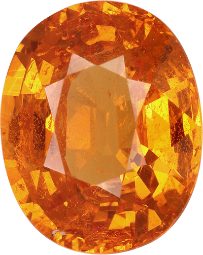 Oval cut spessartite garnet, 10.65 by 8.53 mm, shown at actual size