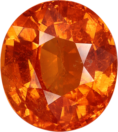 Oval cut spessartite garnet, 12.8 by 11.3 mm, shown at actual size