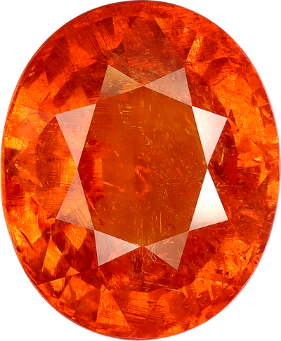 Oval cut spessartite garnet, 15.6 by 12.9 mm, shown at actual size
