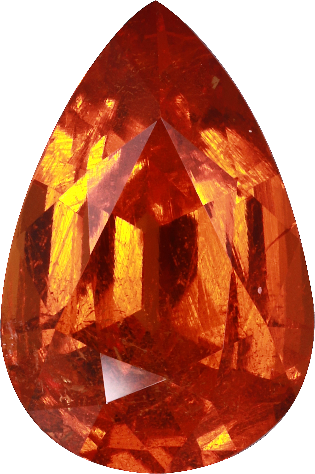 Pear cut spessartite garnet, 16.88 by 11.22 mm, shown at actual size
