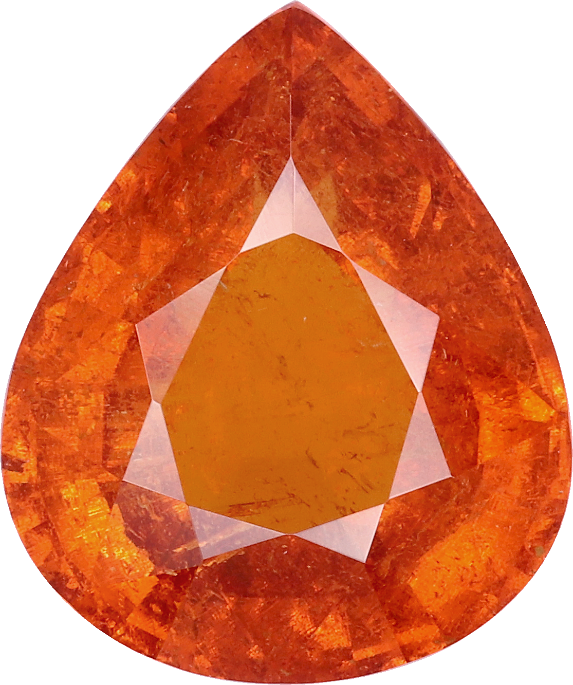 Pear cut spessartite garnet, 13.63 by 11.39 mm, shown at actual size