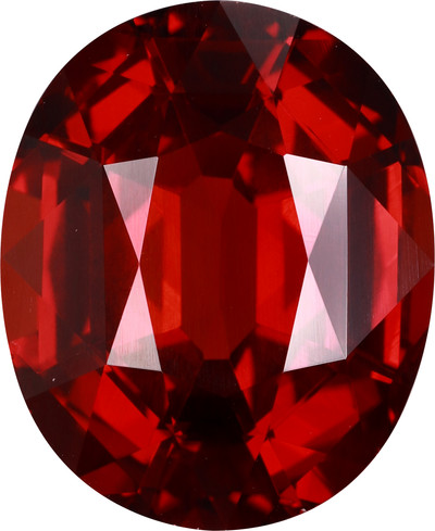 Oval cut spessartite garnet, 16.2 by 13.2 mm, shown at actual size