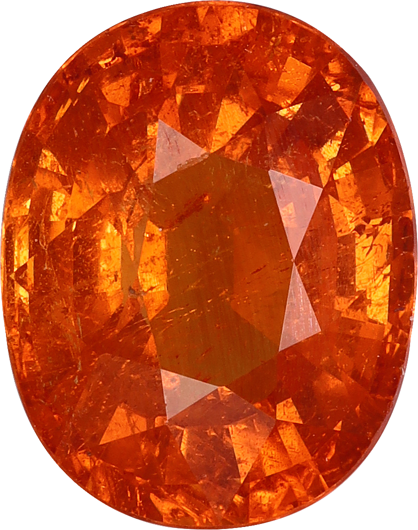 Oval cut spessartite garnet, 9.41 by 7.44 mm, shown at actual size