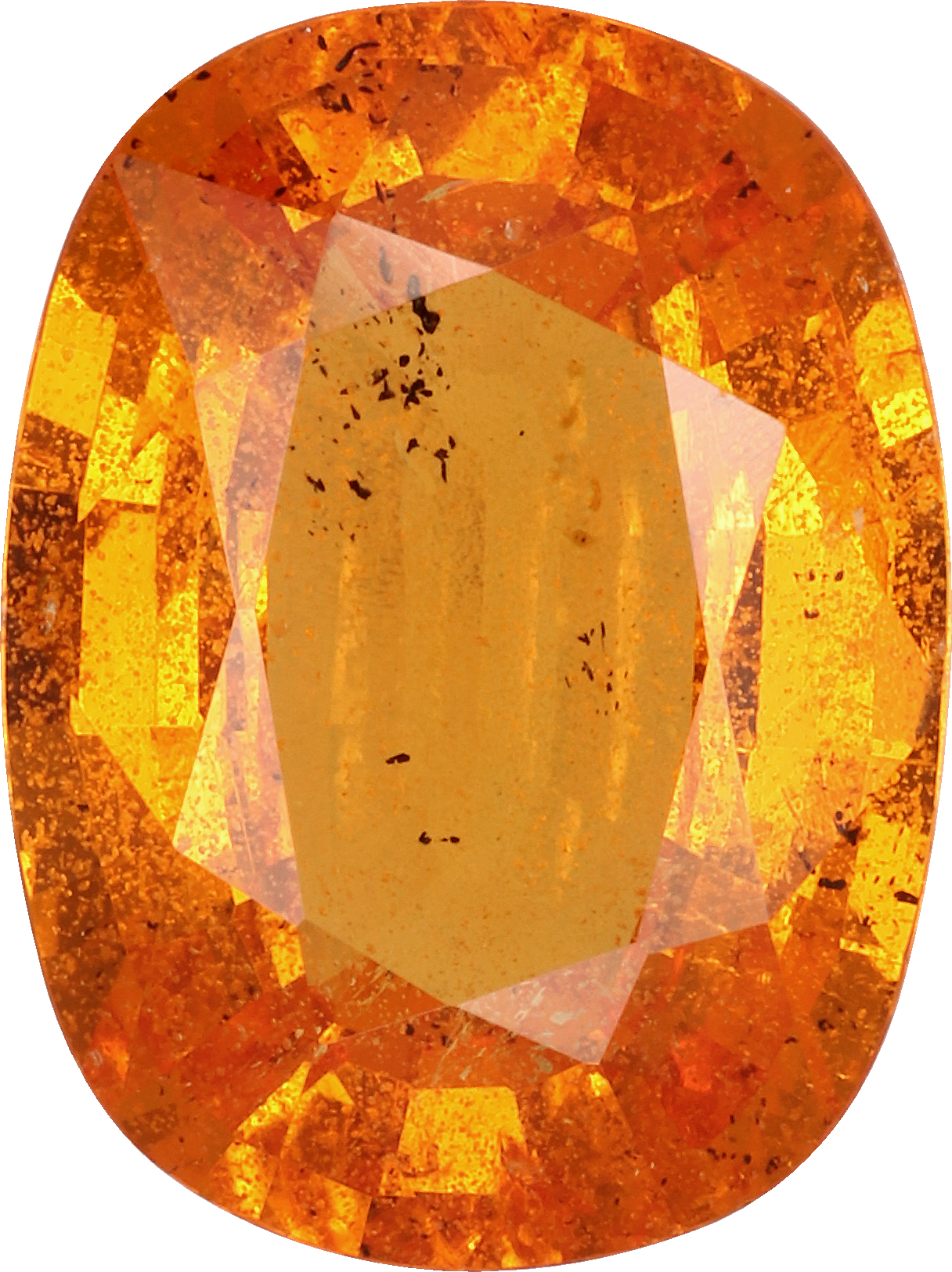 Cushion cut spessartite garnet, 10.84 by 8.1 mm, shown at actual size