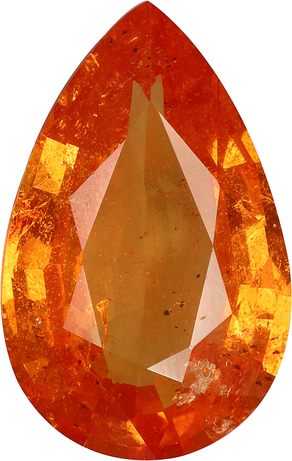 Pear cut spessartite garnet, 13.08 by 8.31 mm, shown at actual size