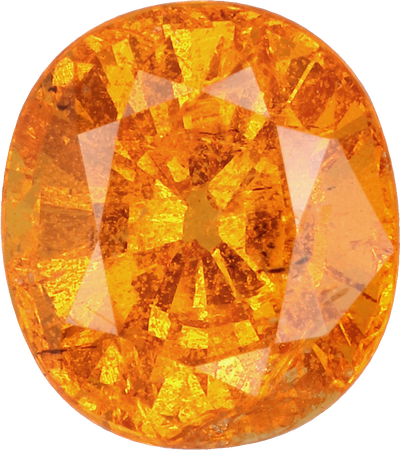 Oval cut spessartite garnet, 7.5 by 6.7 mm, shown at actual size