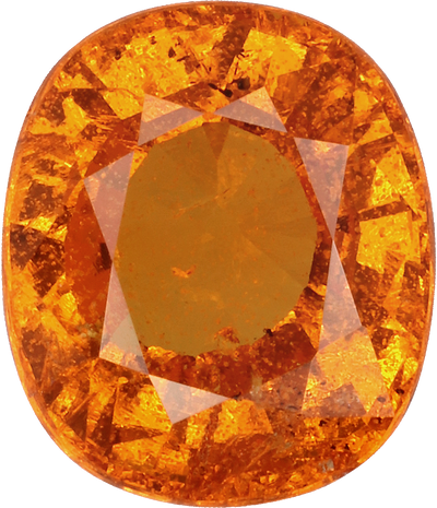 Cushion cut spessartite garnet, 7.9 by 6.8 mm, shown at actual size