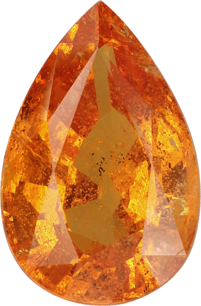 Pear cut spessartite garnet, 10 by 6.7 mm, shown at actual size