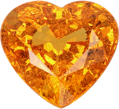 Heart cut spessartite garnet, 7.9 by 7.3 mm, shown at actual size