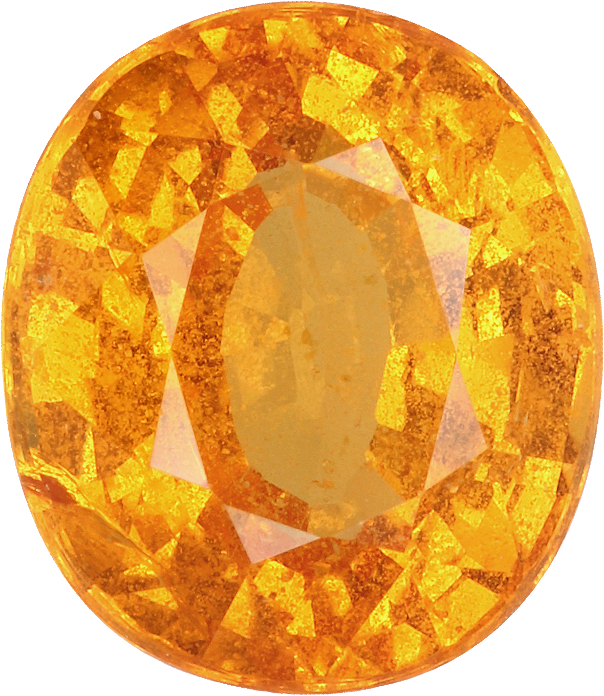 Oval cut spessartite garnet, 9 by 7.8 mm, shown at actual size