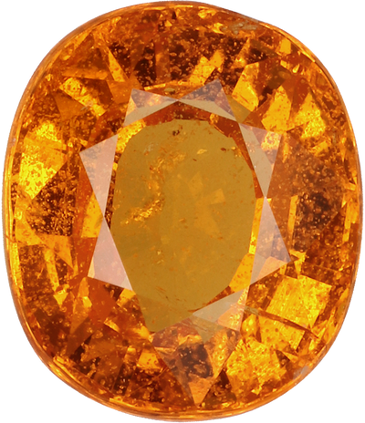 Oval cut spessartite garnet, 8.4 by 7.3 mm, shown at actual size