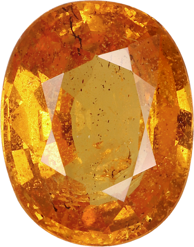 Oval cut spessartite garnet, 8.8 by 7 mm, shown at actual size
