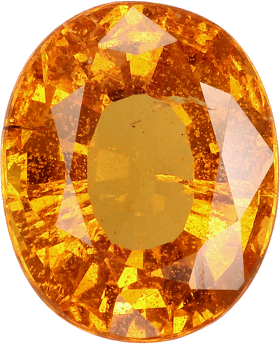 Oval cut spessartite garnet, 8 by 6.6 mm, shown at actual size