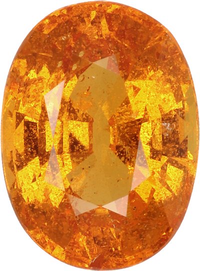 Oval cut spessartite garnet, 8.9 by 6.6 mm, shown at actual size