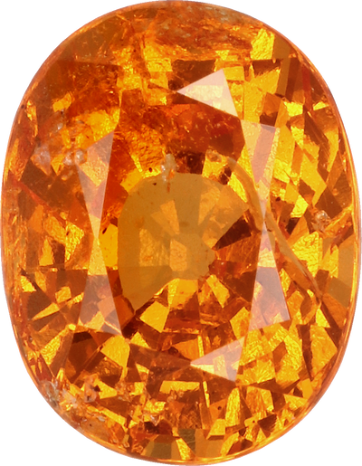 Oval cut spessartite garnet, 8.3 by 6.5 mm, shown at actual size