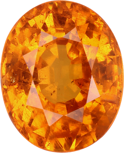 Oval cut spessartite garnet, 9.2 by 7.5 mm, shown at actual size