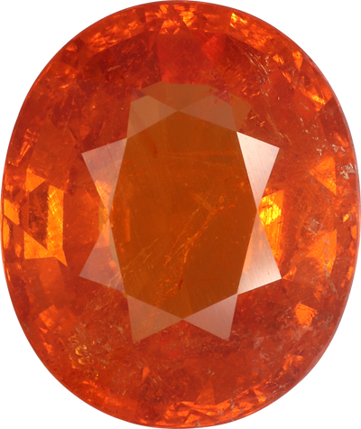 Oval cut spessartite garnet, 15.24 by 12.81 mm, shown at actual size