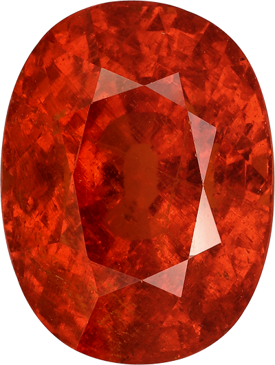 Oval cut spessartite garnet, 16 by 11.9 mm, shown at actual size