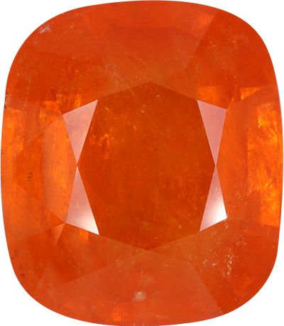 Cushion cut spessartite garnet, 22.06 by 19.22 mm, shown at actual size