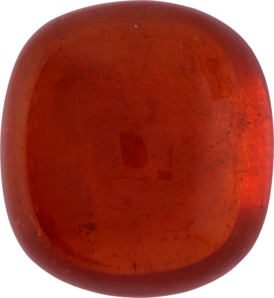 Cushion cut spessartite garnet, 20.3 by 18.66 mm, shown at actual size