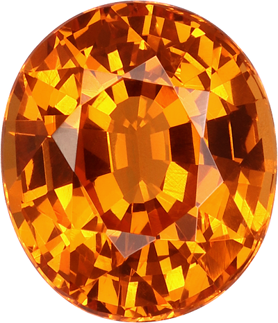 Oval cut spessartite garnet, 9.5 by 8.13 mm, shown at actual size