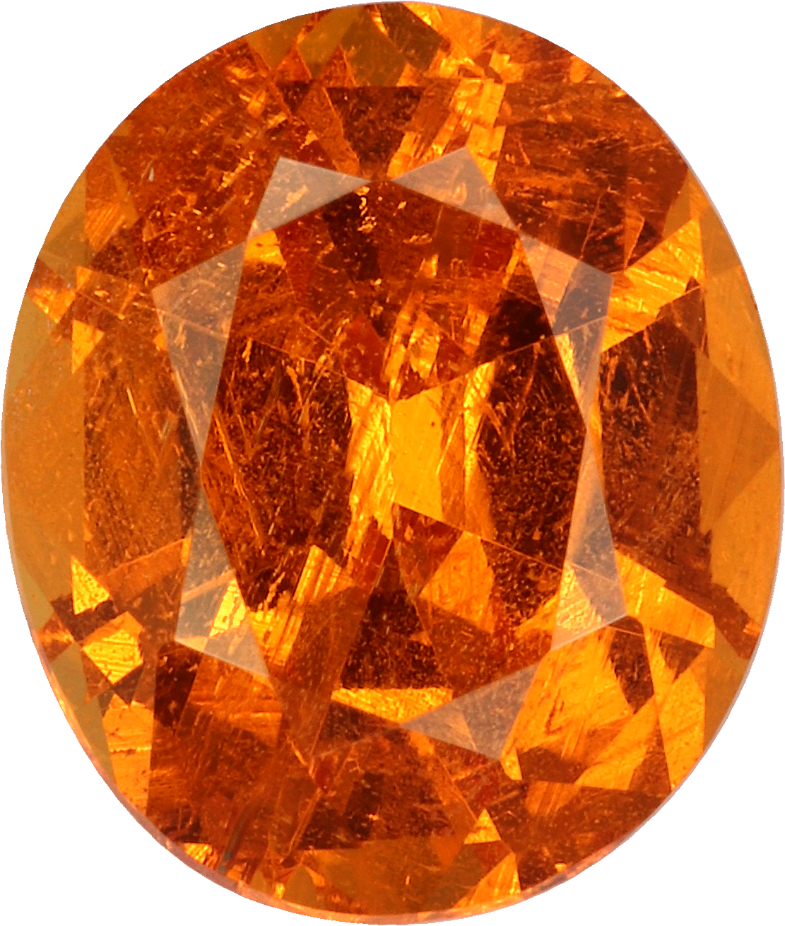 Oval cut spessartite garnet, 8.5 by 7.23 mm, shown at actual size