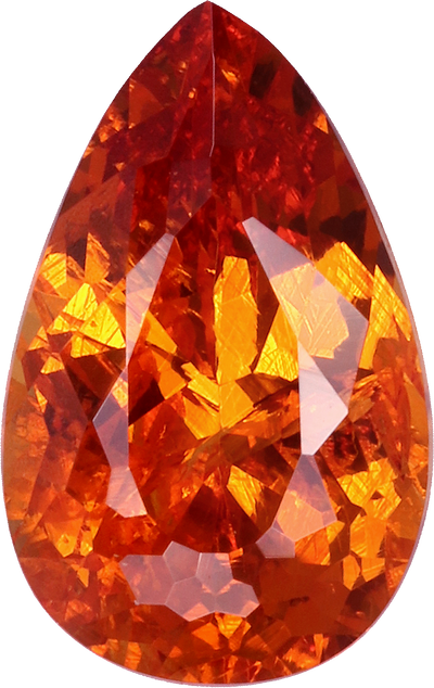 Pear cut spessartite garnet, 8.87 by 5.59 mm, shown at actual size