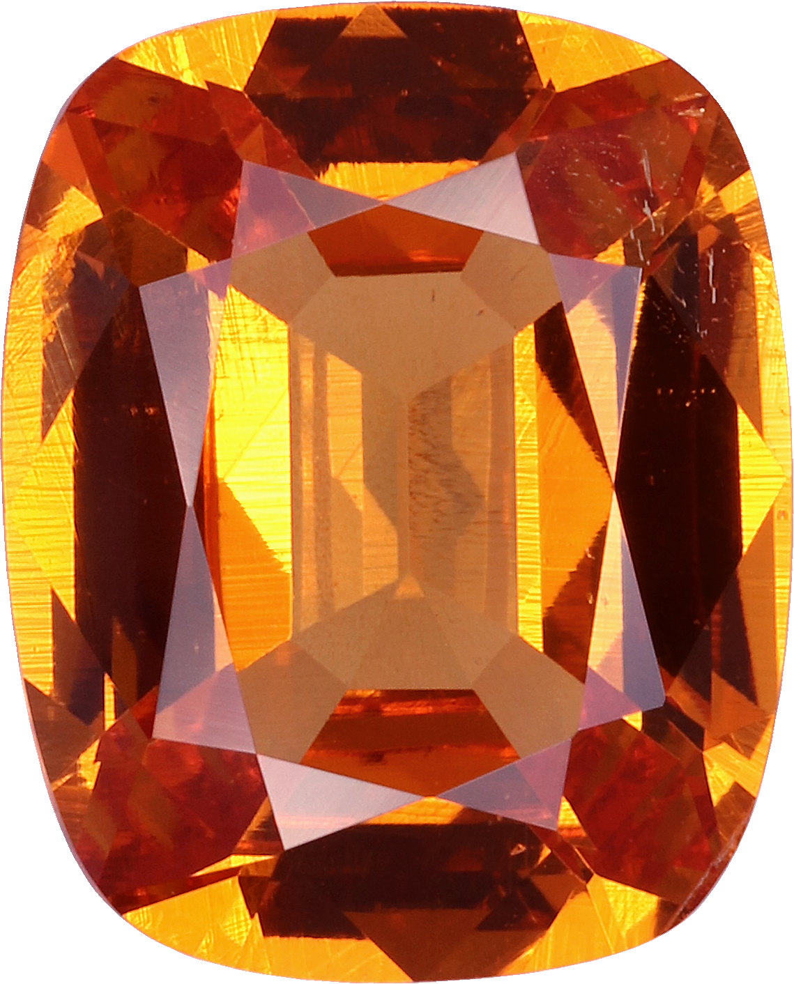 Cushion cut spessartite garnet, 9.45 by 7.61 mm, shown at actual size